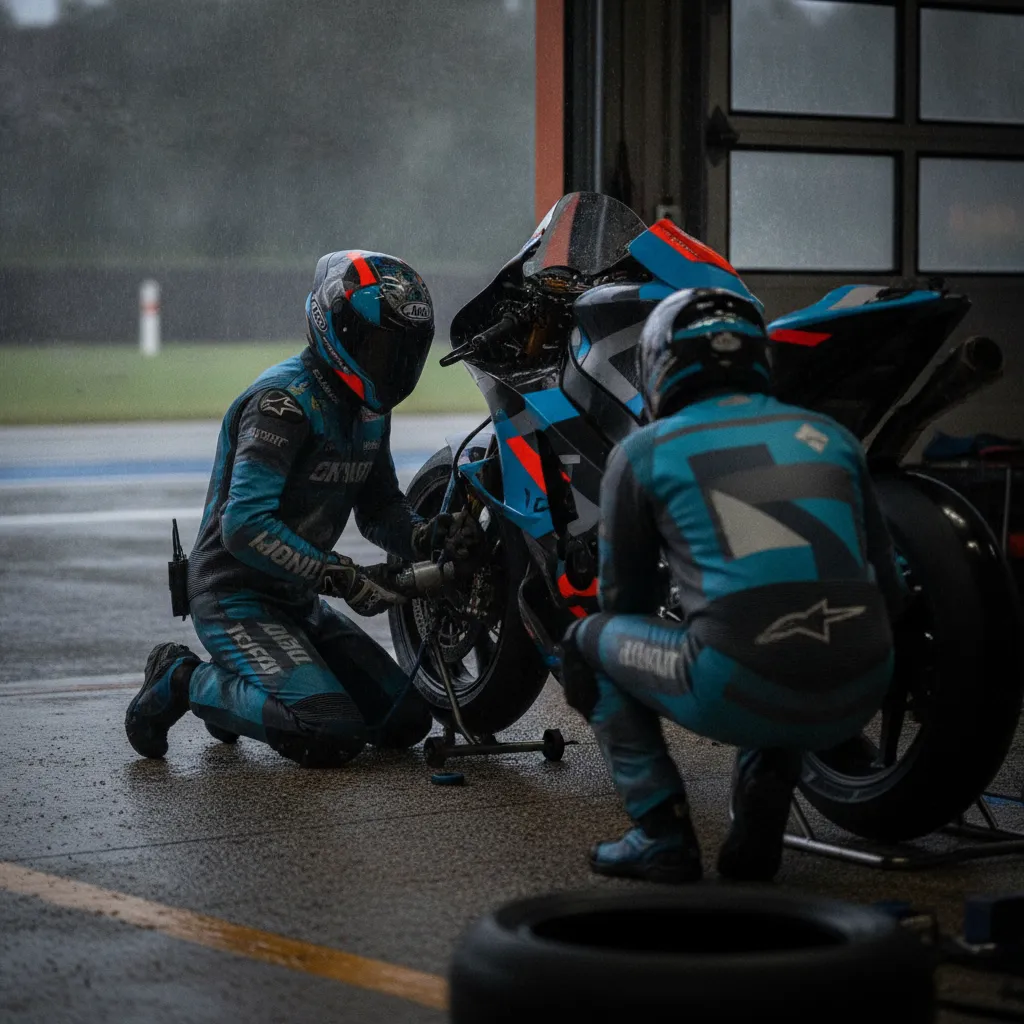Two race mechanics work quickly to change the tyres on a MotoGP bike inside the team garage.