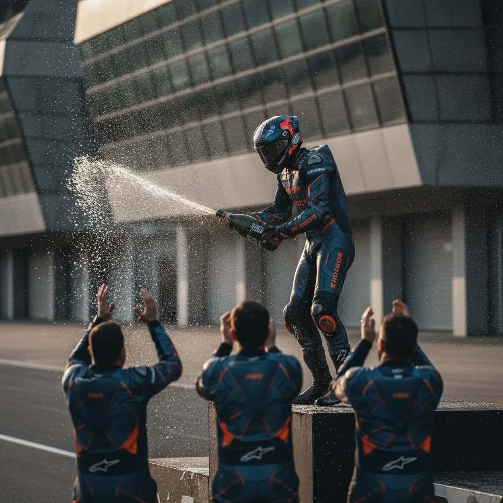 A rider celebrates a victory on the podium at Silverstone, spraying champagne over their team.