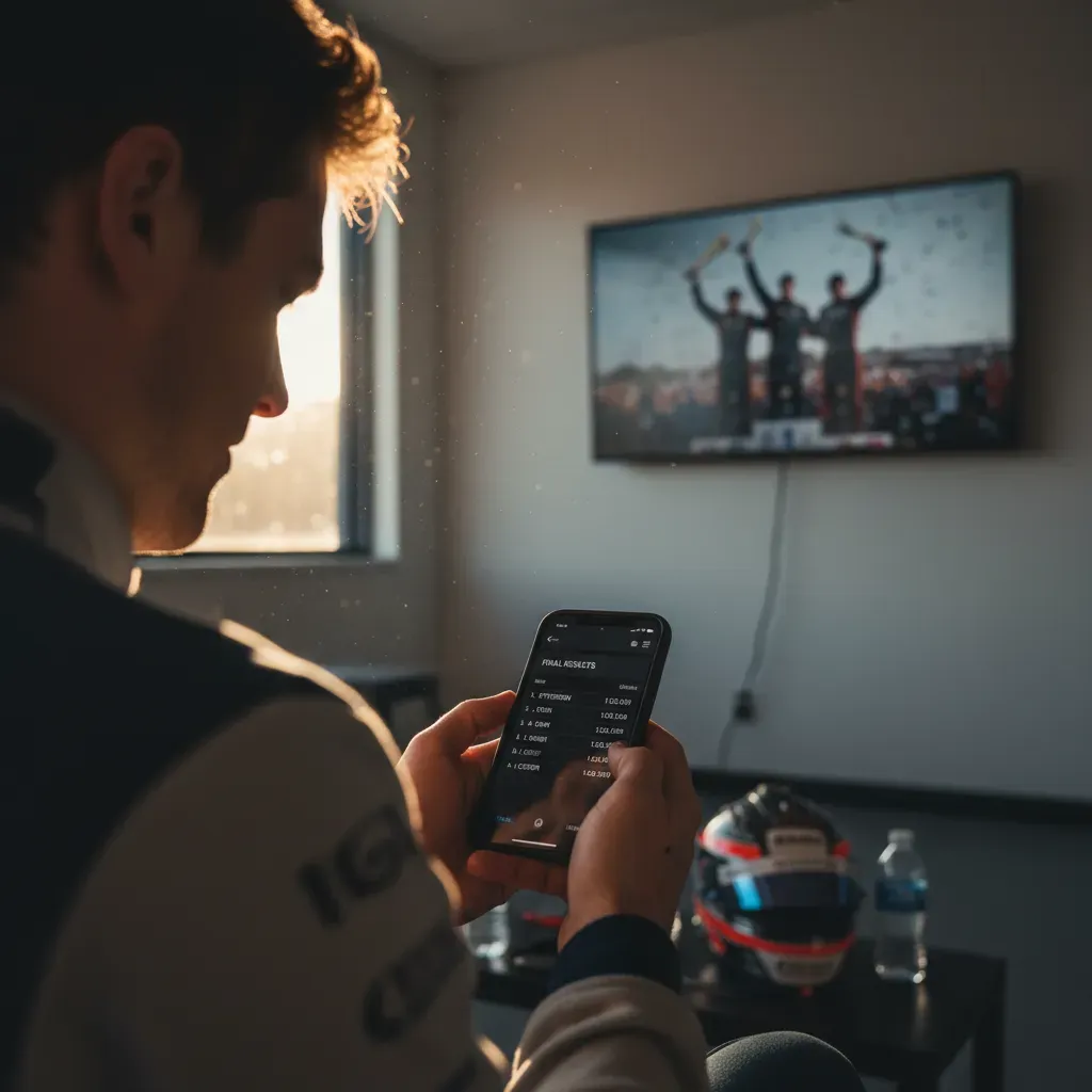 An atmospheric late-afternoon shot. The race has just finished, and the podium celebration is visible but blurred on the