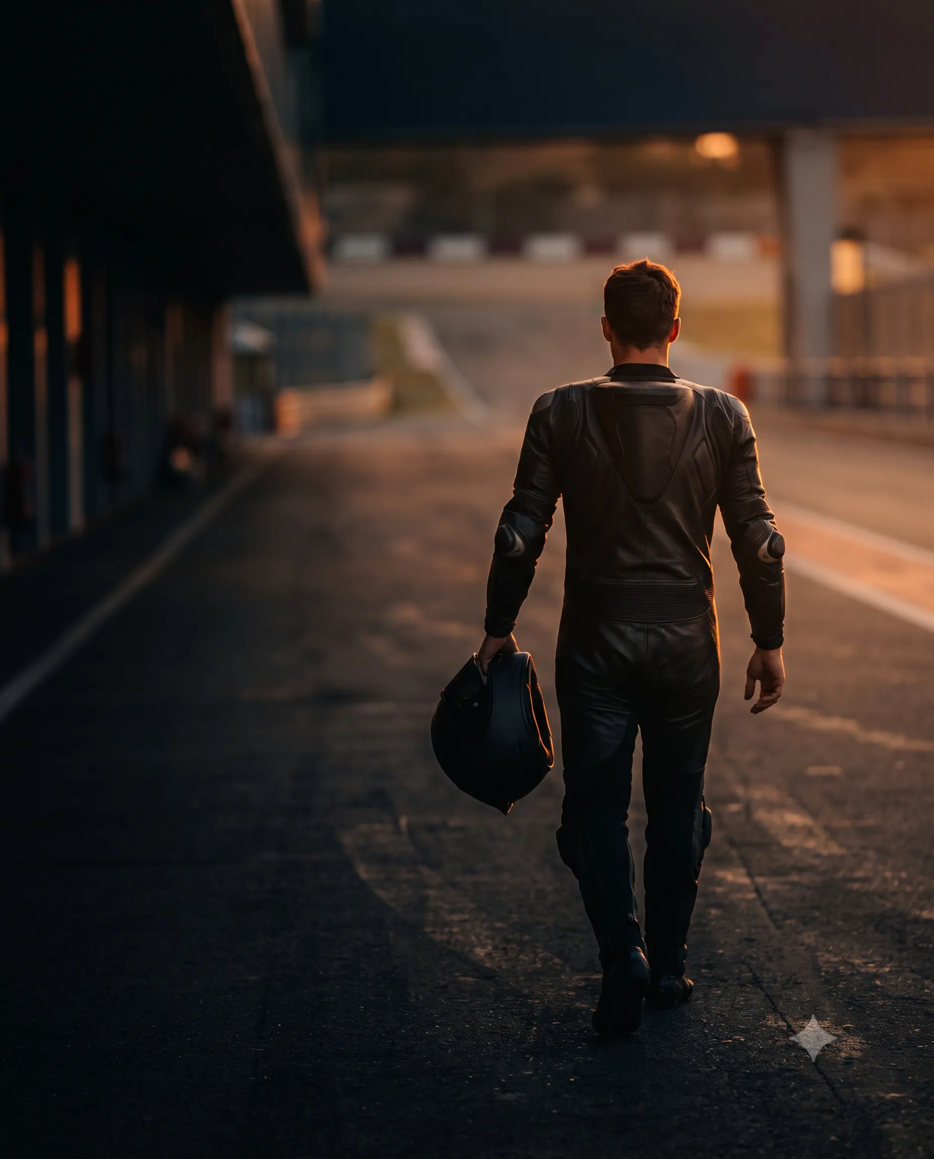 A rider walks down the pit lane at golden hour, helmet in hand