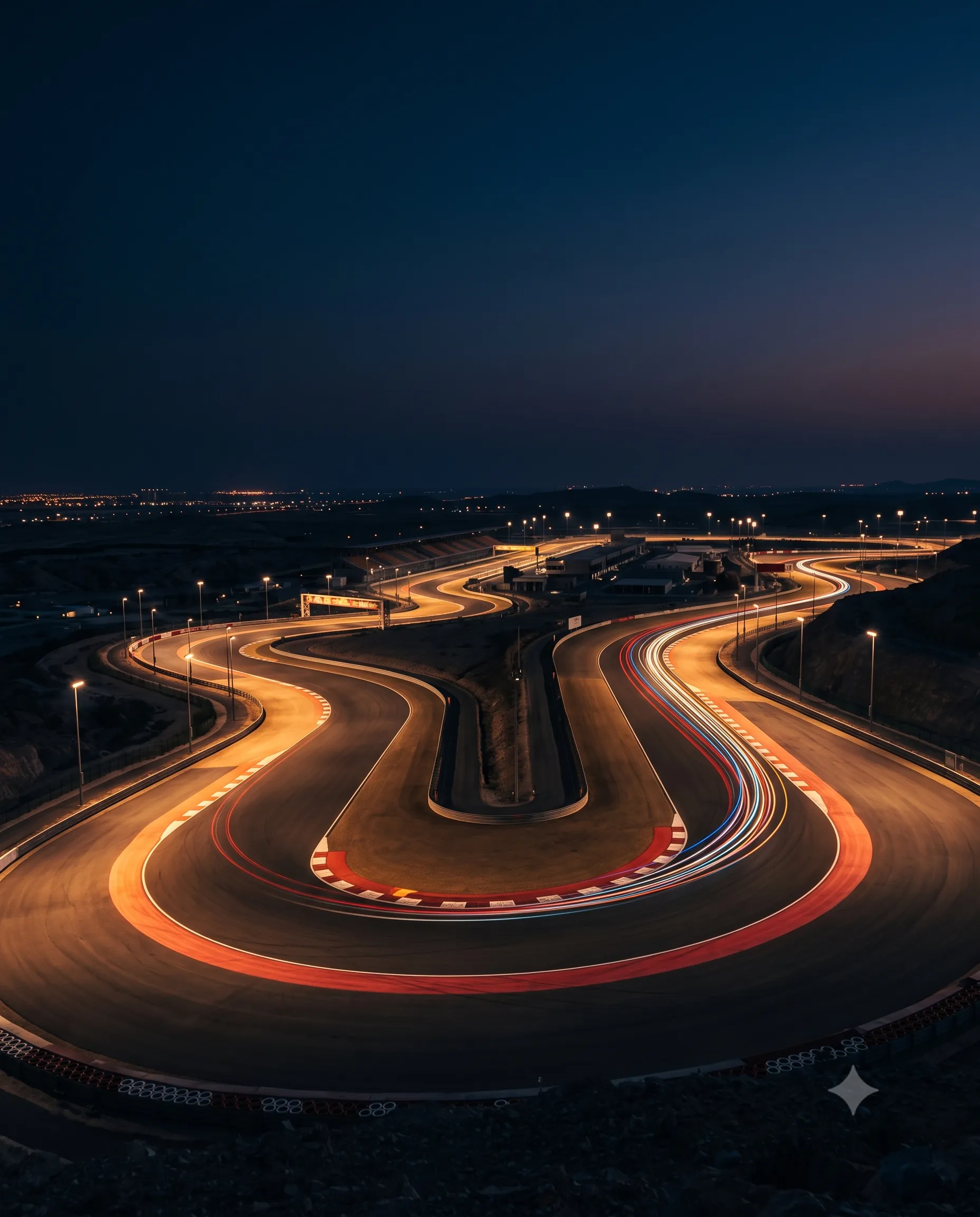 Long-exposure light trails through the corners of a floodlit circuit at dusk